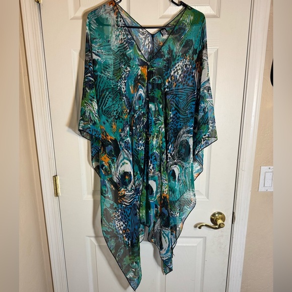 Zury lightweight semi sheer colorful peacock summer top beach cover up free size - Picture 1 of 7